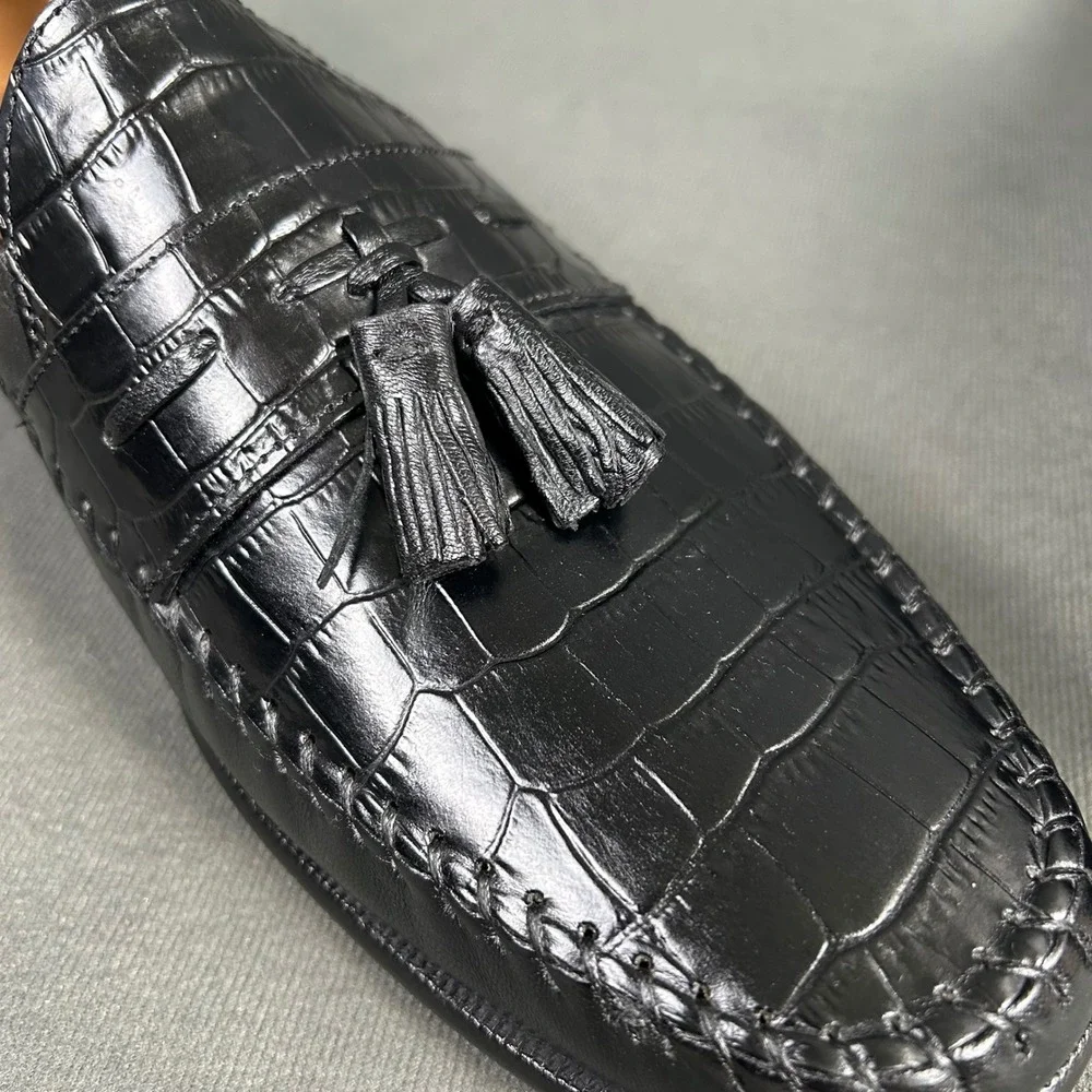 Florsheim Pica Mens Black‎ Croc Embossed Leather Tassel Loafers Dress Shoes 13D